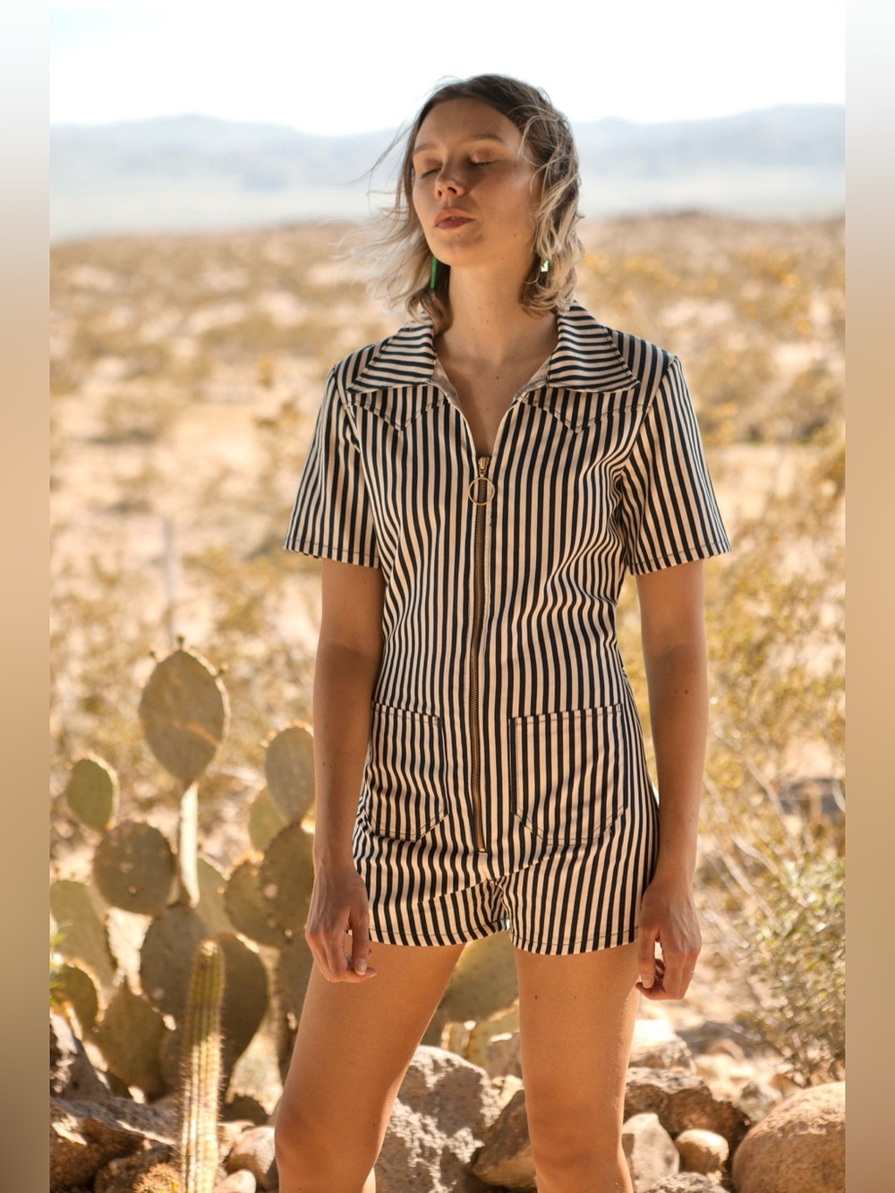 Lykke Wullf Janae Striped Utility Romper, Navy & Cream, Made in LA, Size Small